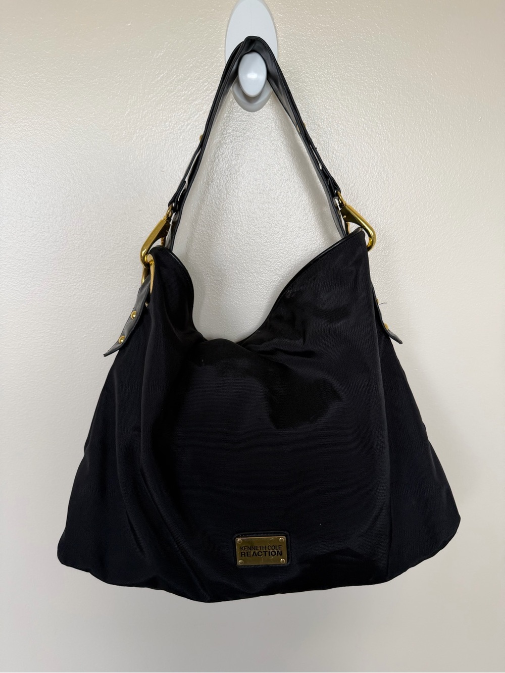 KENNETH COLE REACTION Black Canvas Large Hobo Shoulder Bag with Gold Accents